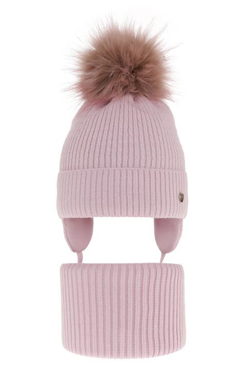 Czapka i komin dla dziewczynki zimowy komplet, liliowy, z pomponem, wiązany Debra