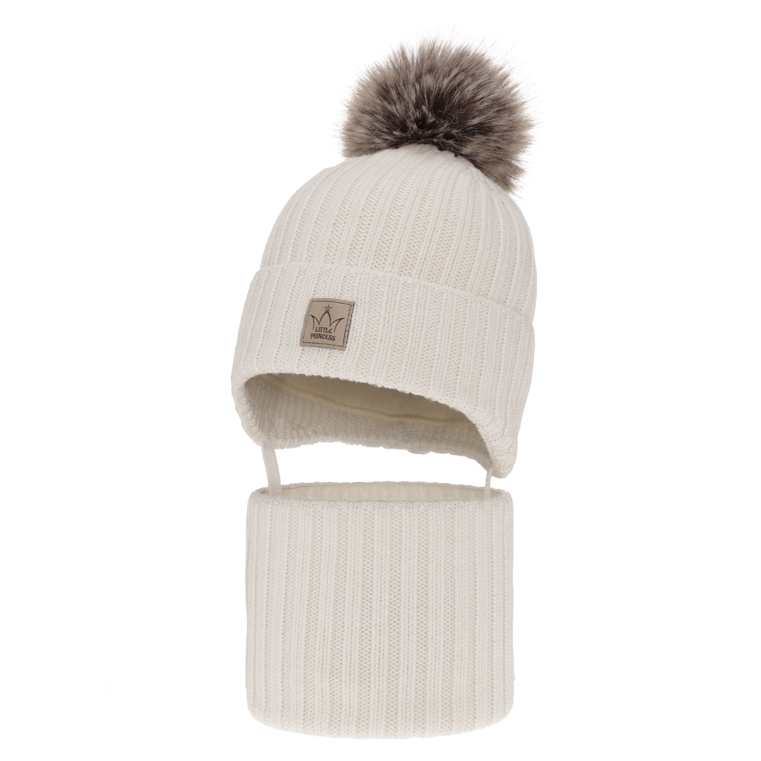 Czapka i komin dla dziewczynki zimowy komplet, biały, 100% wełniana merino, podszyta wełnianym polarem, wiązany Martina