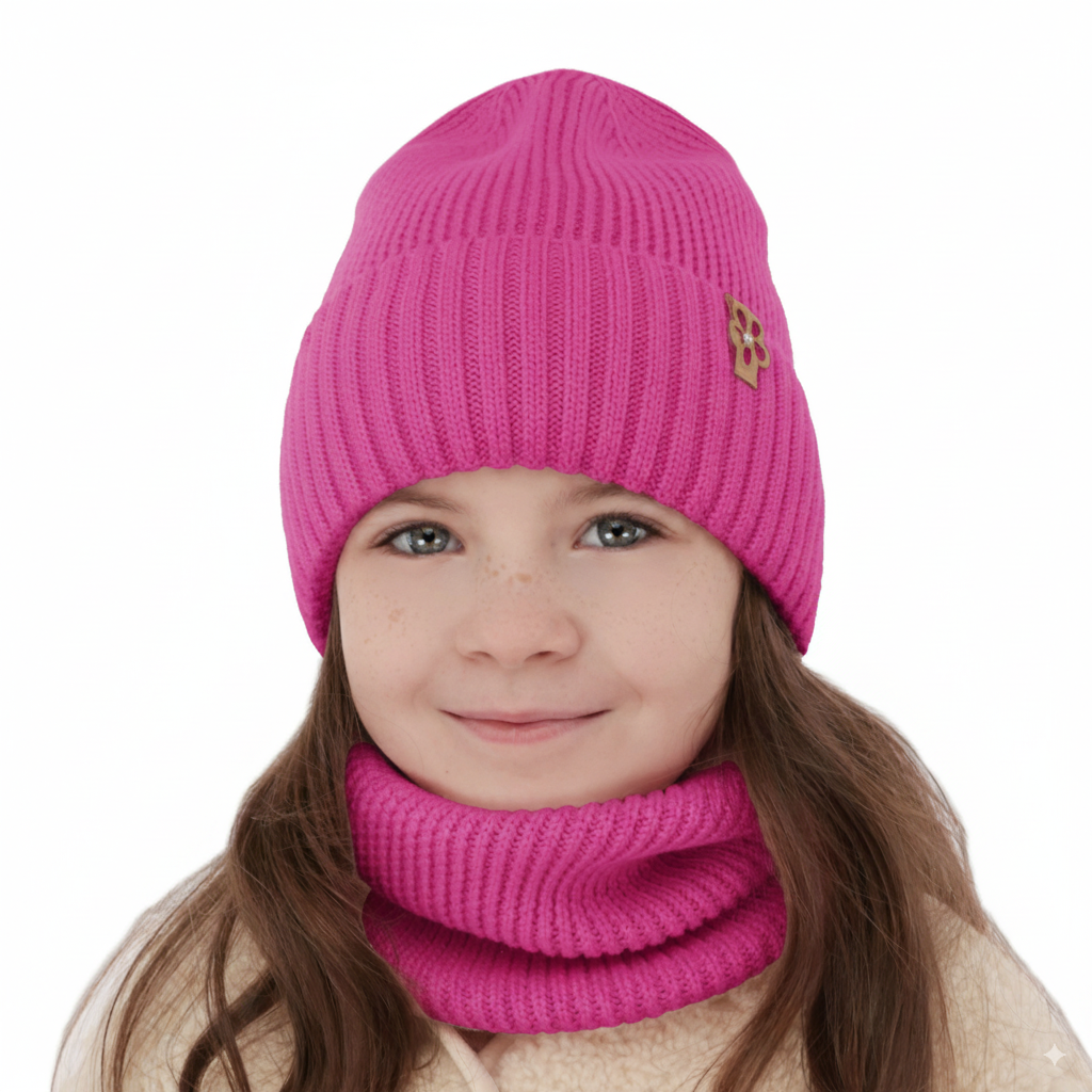 Czapka i komin dla dziewczynki zimowy komplet, różowy, 100% wełniana merino Nelita