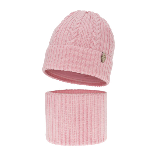 Czapka i komin dla dziewczynki zimowy komplet, różowy, 100% wełniany merino Jenny