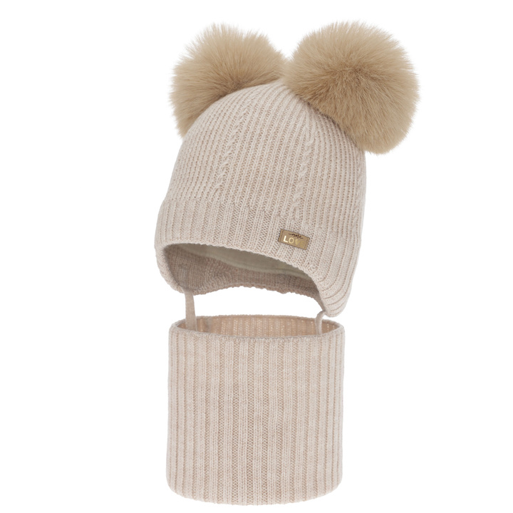 Czapka i komin dla dziewczynki, zimowy komplet, beżowy, 100% wełniany merino, podszyty polarem wełnianym, Lumia
