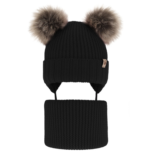 Czapka i komin dla dziewczynki zimowy komplet, czarny, wiązany, 100% wełniany merino, z dwoma pomponami Silvia