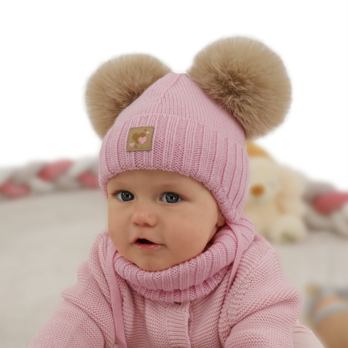 Czapka i komin dla dziewczynki, zimowy komplet, kremowy, 100% wełniany merino, podszyty polarem wełnianym, Ronia