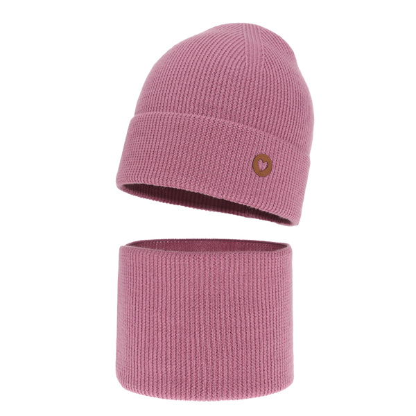 Czapka i komin dla dziewczynki jesienny, wiosenny komplet, wrzosowy, 100% wełniany merino Brook