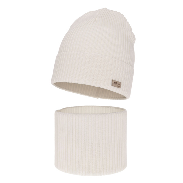 Czapka i komin dla dziewczynki jesienny, wiosenny komplet, biały, 100% wełniany merino Itra