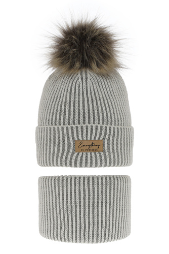 Czapka i komin dla dziewczynki zimowy komplet, biały, z pomponem Floryda