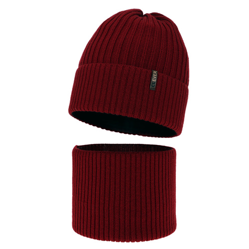 Czapka i komin dla chłopca, zimowy komplet, bordowy, 100% wełniany merino, Gizmo
