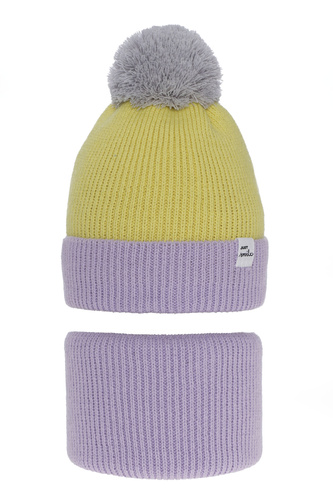 Czapka i komin dla dziewczynki zimowy komplet, fioletowy, z pomponem Rosalin