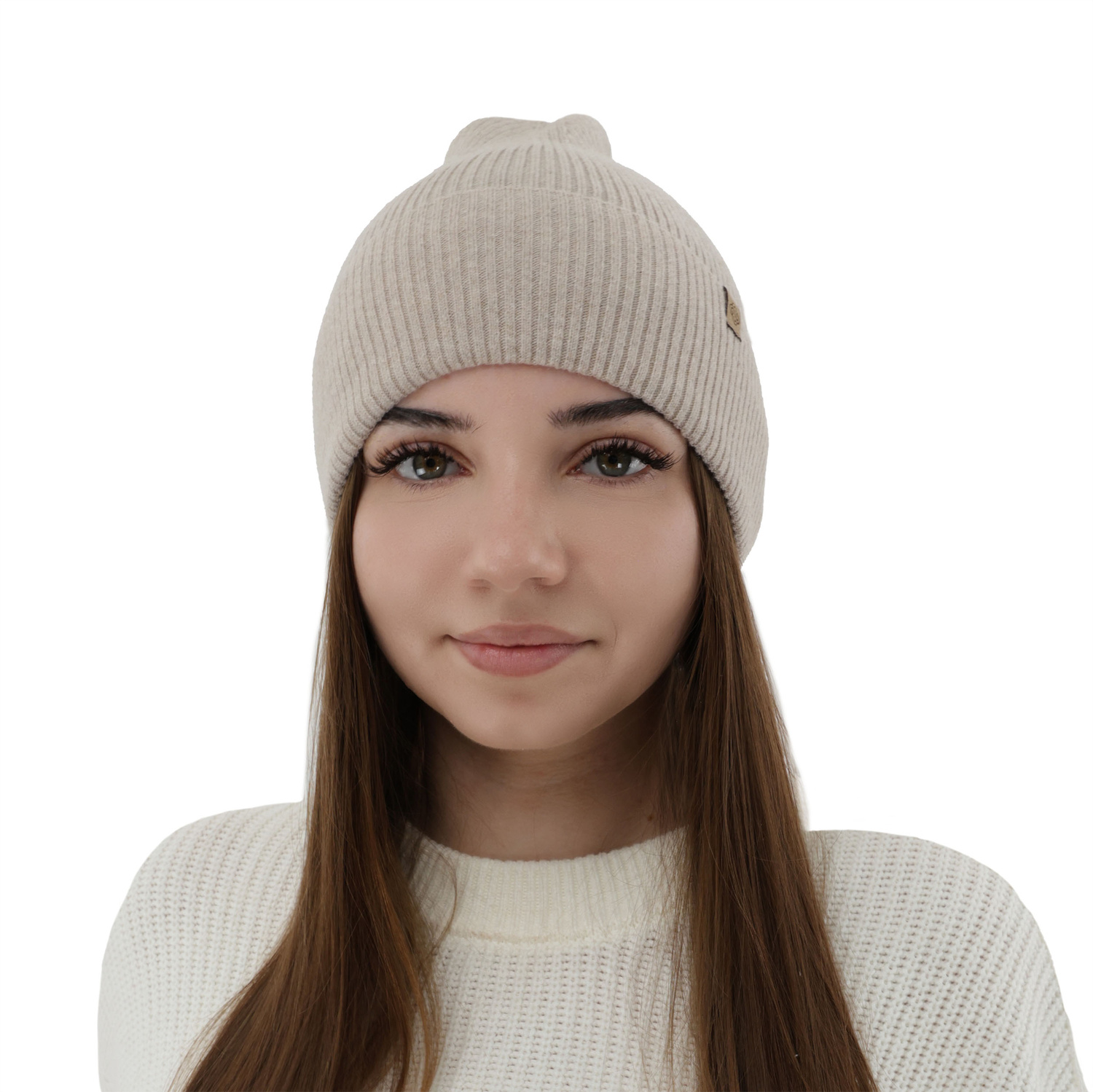 Czapka jesienna, zimowa damska, jasnobeżowa, wełna merino z kaszmirem, Alineta