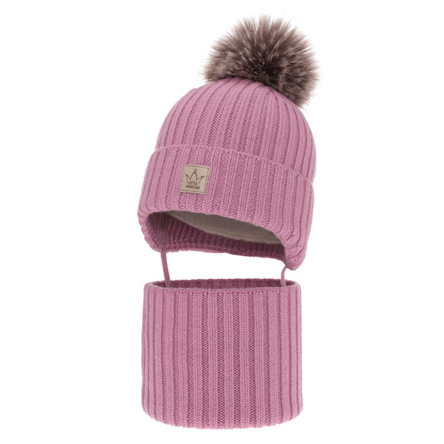 Czapka i komin dla dziewczynki zimowy komplet, fioletowy, 100% wełniany merino, podszyty wełnianym polarem, wiązany Martina