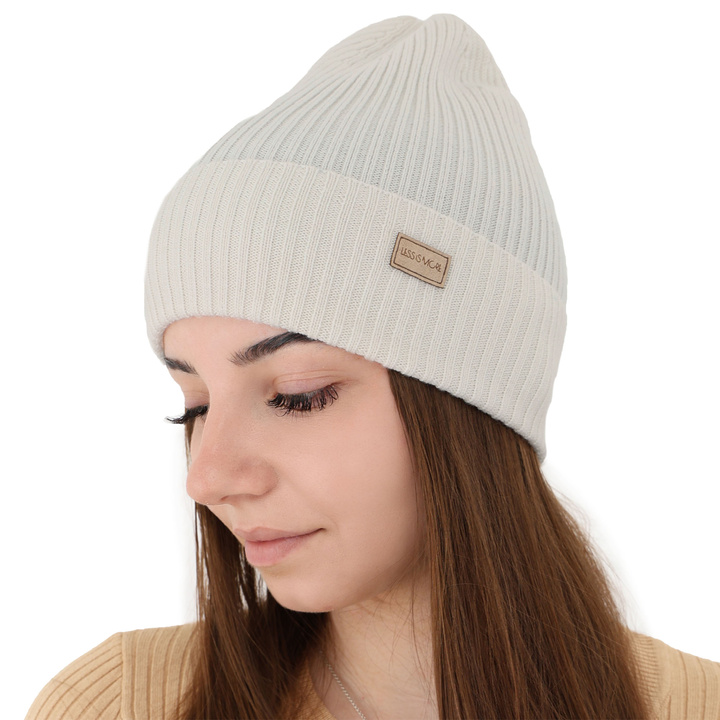 Czapka damska zimowa, biała, 100% wełniana merino, Sophie