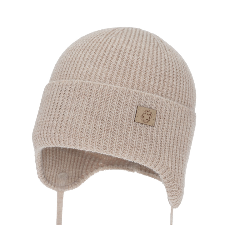 Czapka jesienna, wiosenna dla chłopca, 100% wełniana merino, wiązana, jasnobeżowa Bakadi