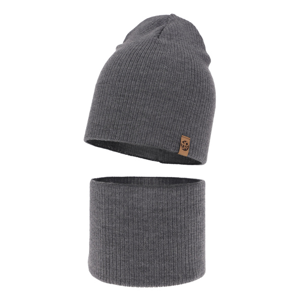 Czapka i komin dla chłopca jesienny, wiosenny komplet, szary, 100% wełniany merino Richi