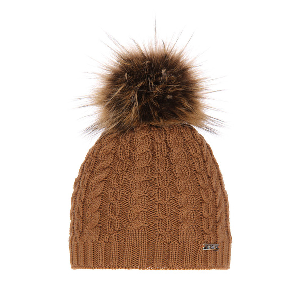 Czapka zimowa damska, camel, z wełną merino, z pomponem Satina