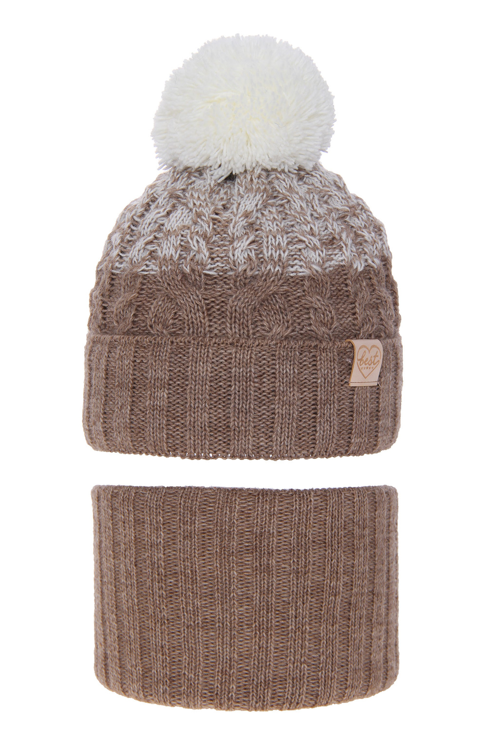 Czapka i komin dla dziewczynki zimowy komplet, brązowy, z pomponem Zendaya