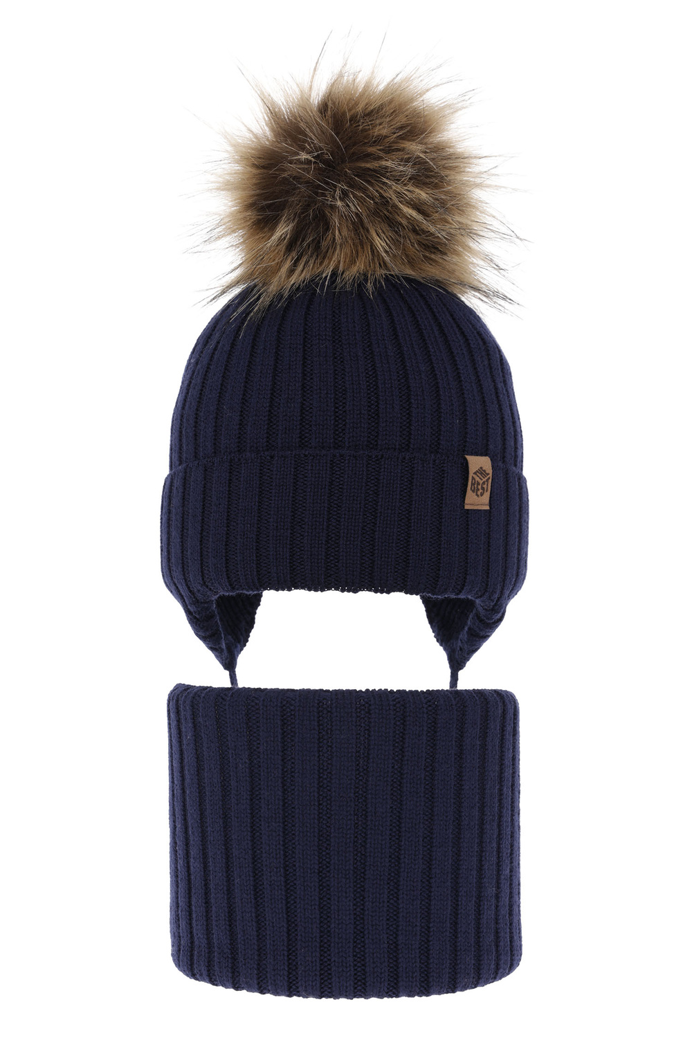 Czapka i komin dla chłopca zimowy komplet, granatowy, 100% wełniany merino, z pomponem Juno