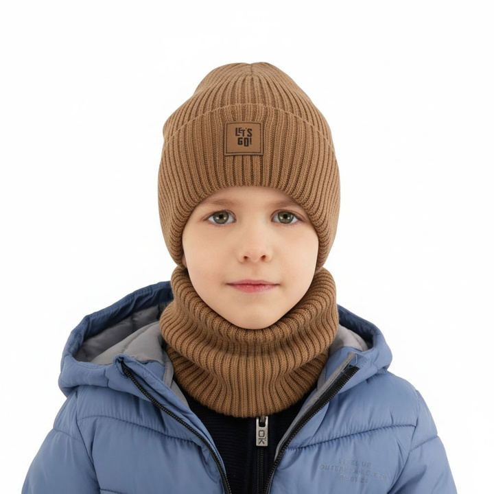 Czapka i komin dla chłopca, jesienny, wiosenny komplet w kolorze camel 100% wełniany merino Vanto