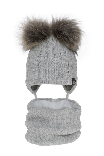 Czapka i komin dla dziewczynki zimowy komplet, szary, z dwoma pomponami, wiązany Marlen