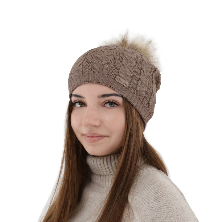 Czapka zimowa damska, ciemnobeżowa, z wełną merino Bafi