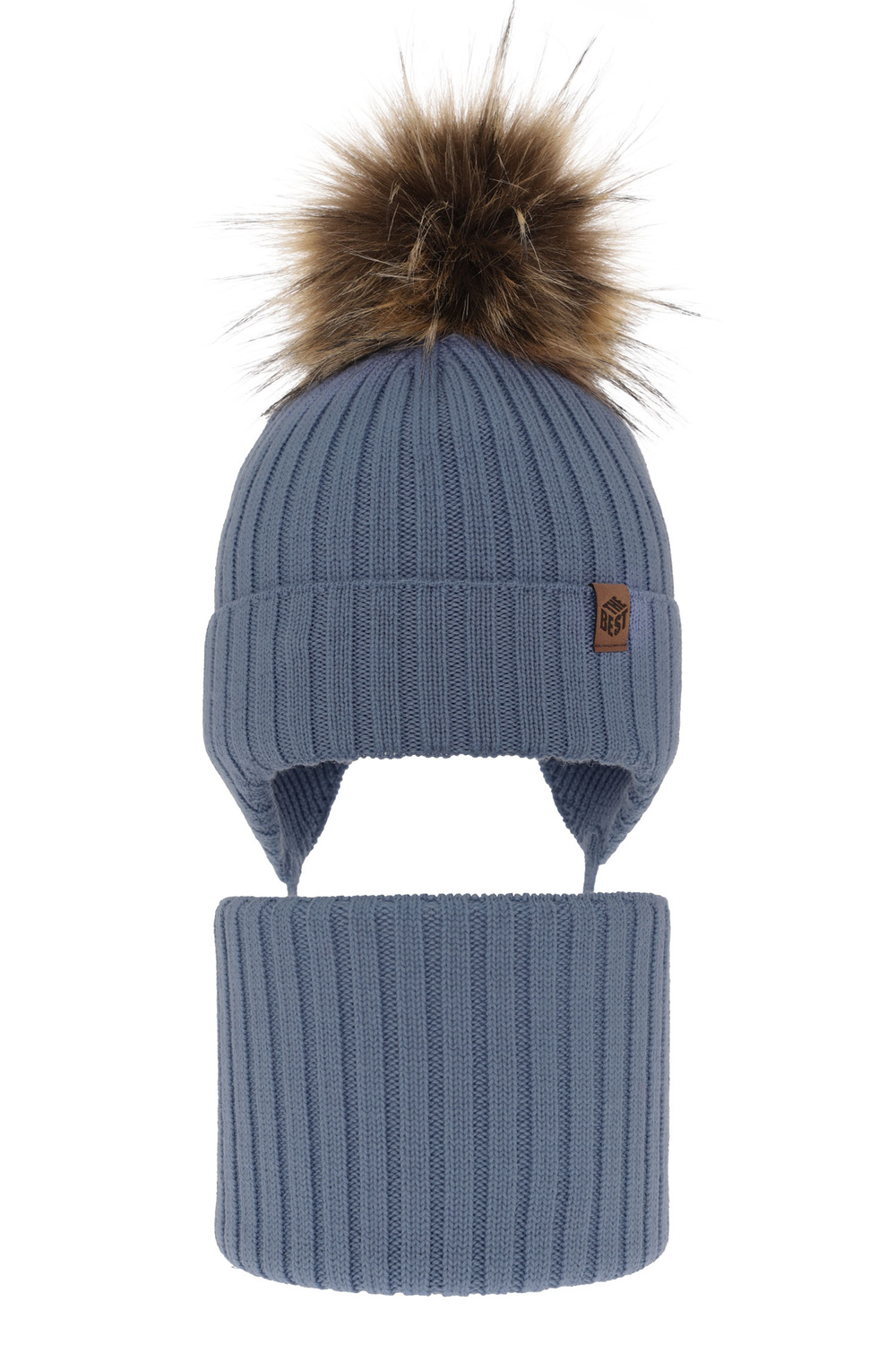 Czapka i komin dla chłopca zimowy komplet, jasnoniebieski, wiązany, 100% wełniany merino Juno
