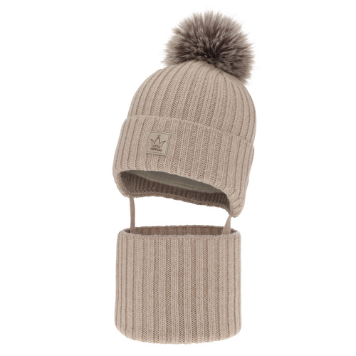 Czapka i komin dla dziewczynki zimowy komplet, beżowy, 100% wełniany merino, podszyty wełnianym polarem, Martina