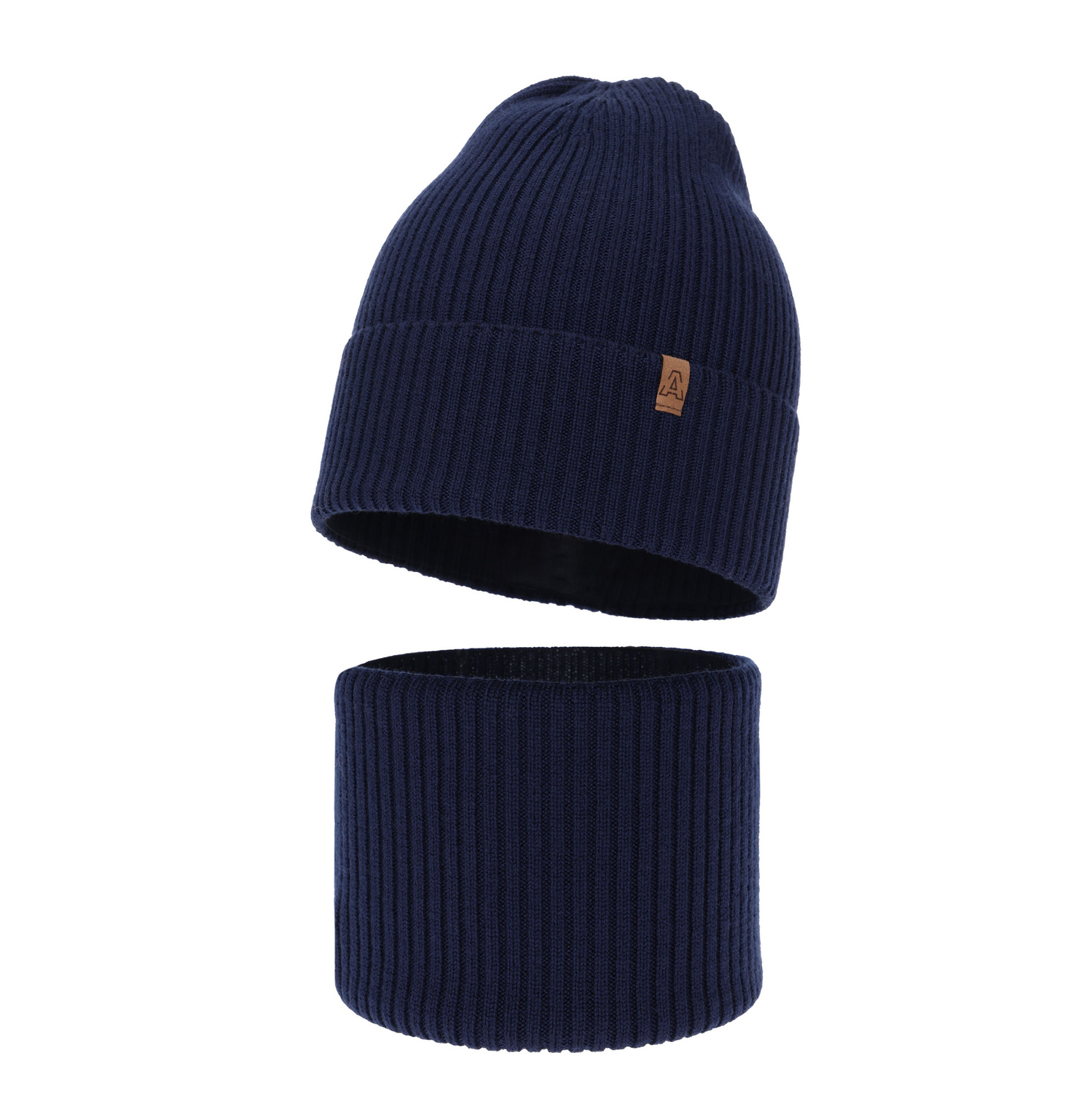 Czapka i komin dla chłopca jesienny, wiosenny komplet, granatowy, 100% wełniany merino Lemas