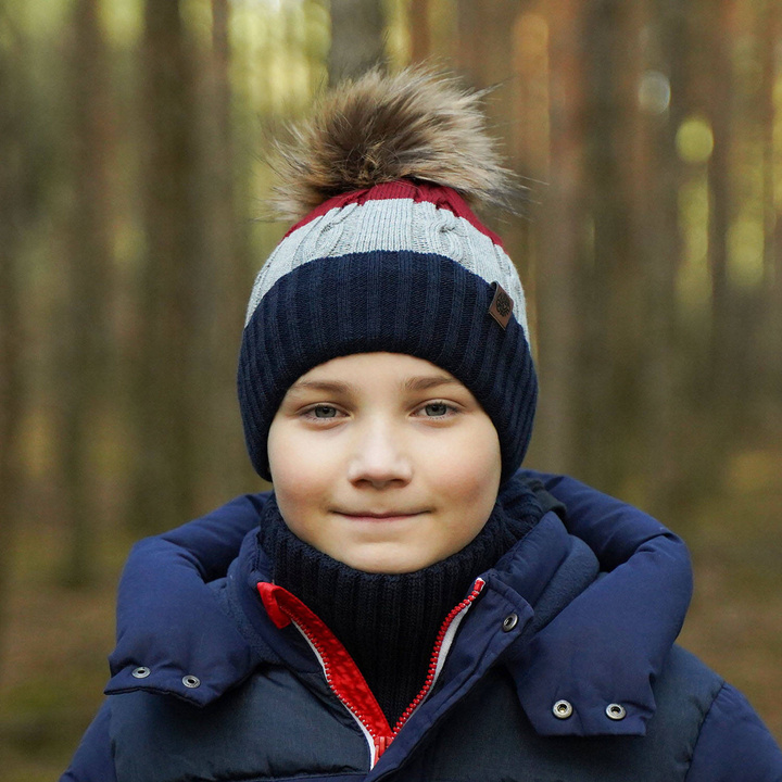 Czapka i komin dla chłopca zimowy komplet, granatowy, z pomponem Karmel