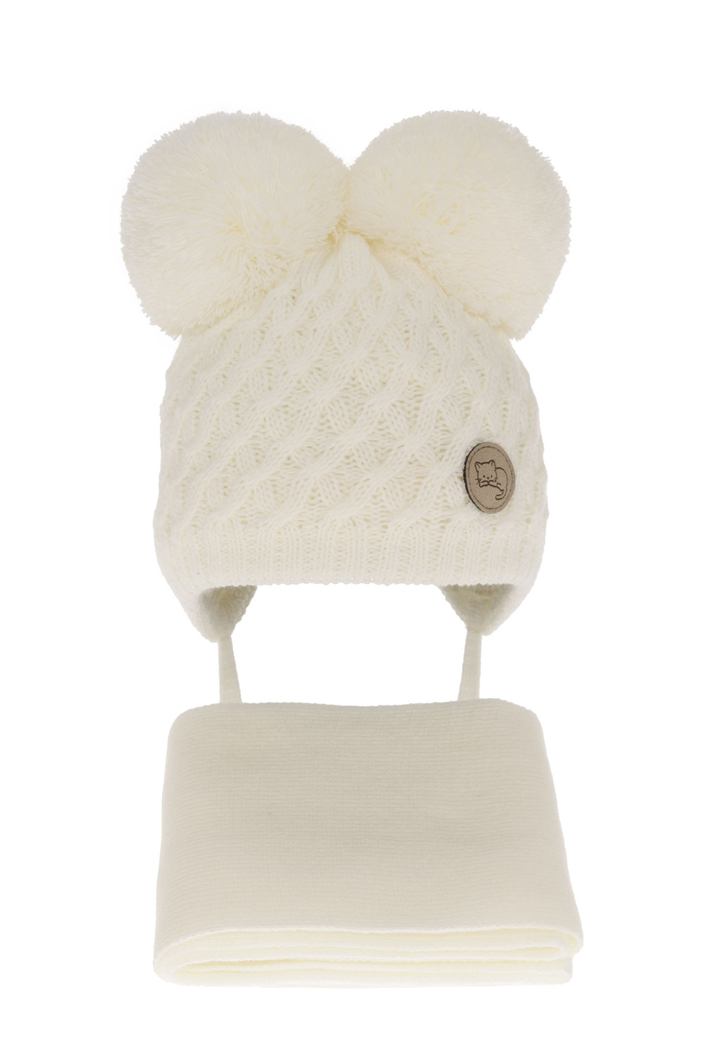 Czapka i szalik dla dziewczynki zimowy komplet, kremowy, z dwoma pomponami, wiązany Anava