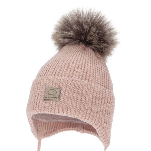Czapka zimowa dla dziewczynki, różowa, wiązana, 100% wełniana merino, Jena