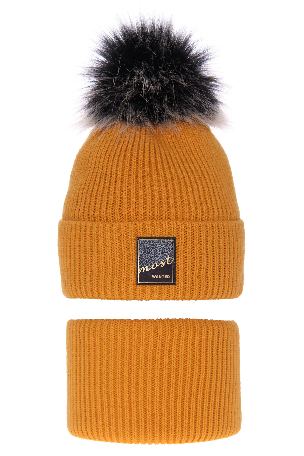 Czapka i komin dla dziewczynki zimowy komplet, miodowy, z pomponem Sycylia