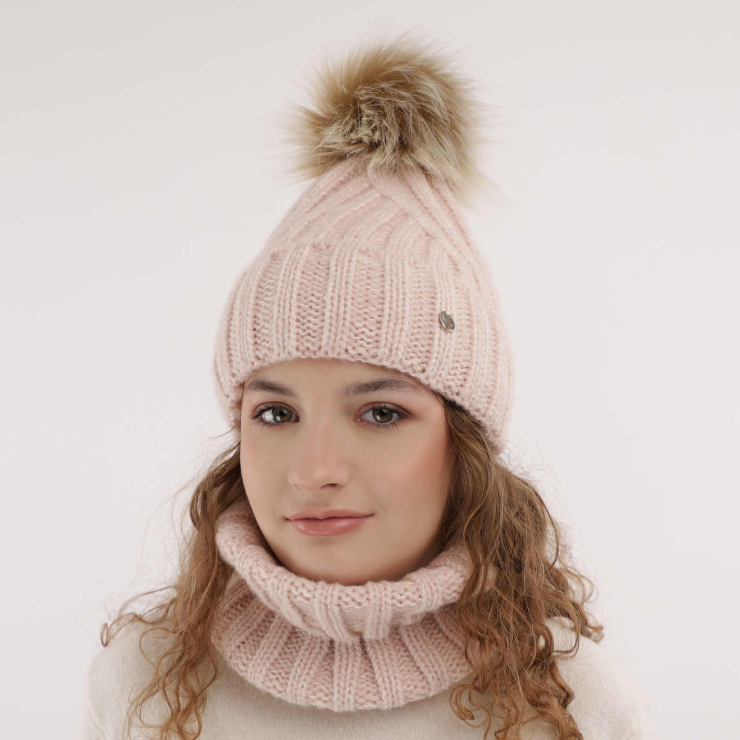 Czapka i komin dla dziewczynki zimowy komplet, szary, z pomponem Polaris