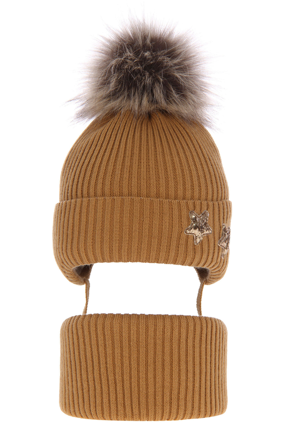 Czapka i komin dla dziewczynki zimowy komplet, brązowy, wiązany Delicja