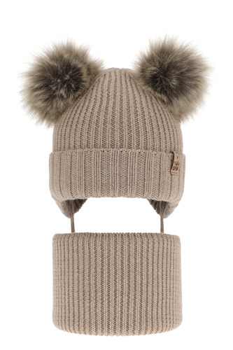 Czapka i komin dla chłopca zimowy komplet, beżowy, 100% wełniany merino, wiązany Konor