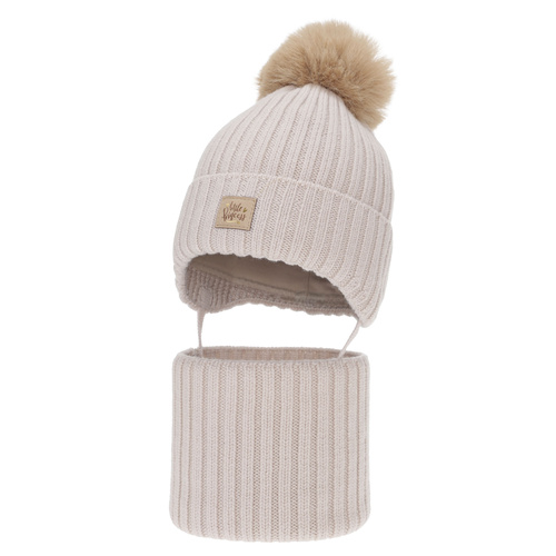 Czapka i komin dla dziewczynki, zimowy komplet, beżowy, 100% wełniany merino, wiązany, podszyty bawełną, Malesia