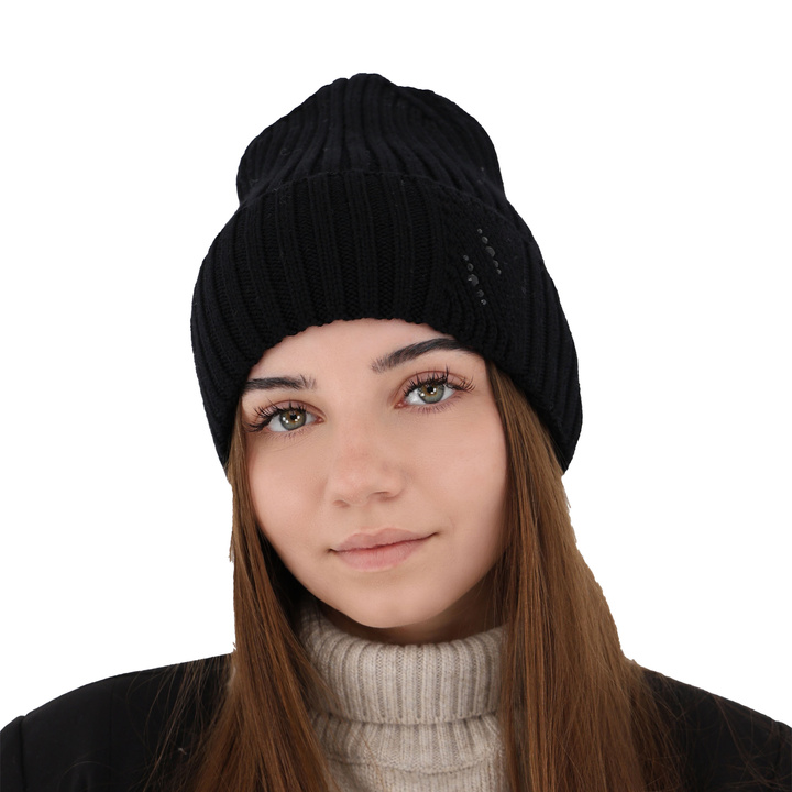 Czapka zimowa damska, czarna, 100% wełniana merino Ariga