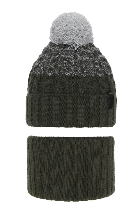 Czapka i komin dla chłopca zimowy komplet, khaki, z pomponem Travis