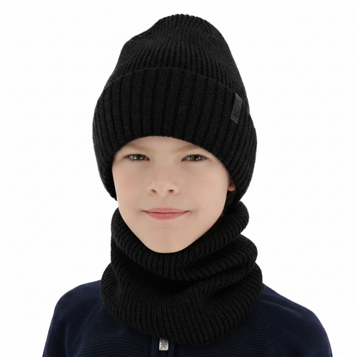Czapka i komin dla chłopca, zimowy komplet, 100% wełniany merino, z podszyciem z wełny merino, czarny Harbin