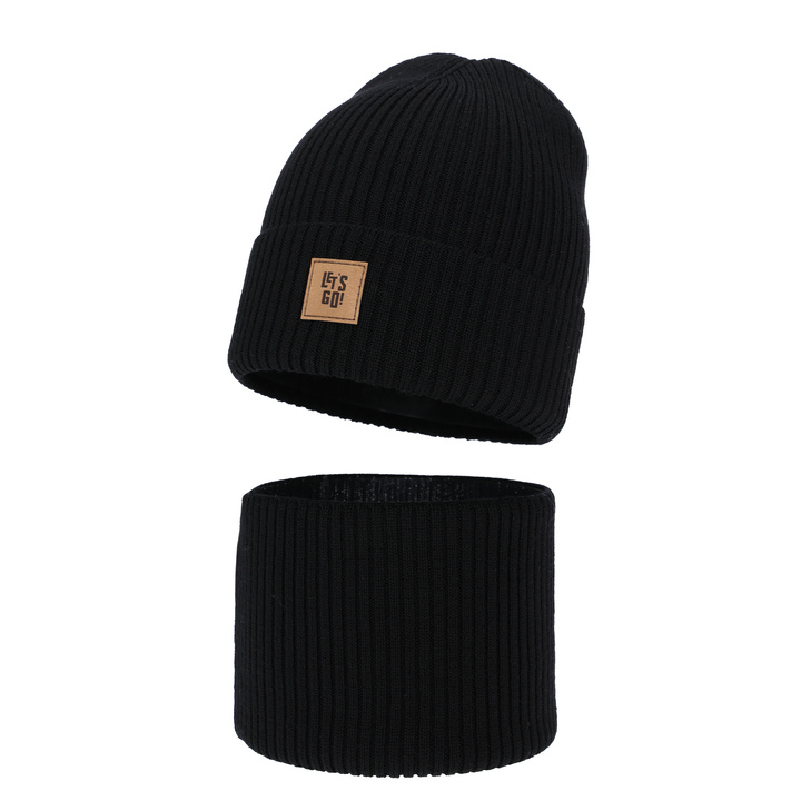 Czapka i komin dla chłopca, jesienny, wiosenny komplet czarny 100% wełniany merino Vanto