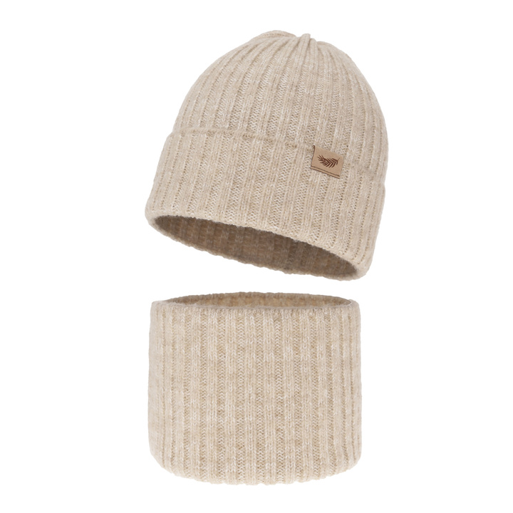 Czapka i komin dla dziewczynki zimowy komplet, beżowy, z wełną merino Karmina