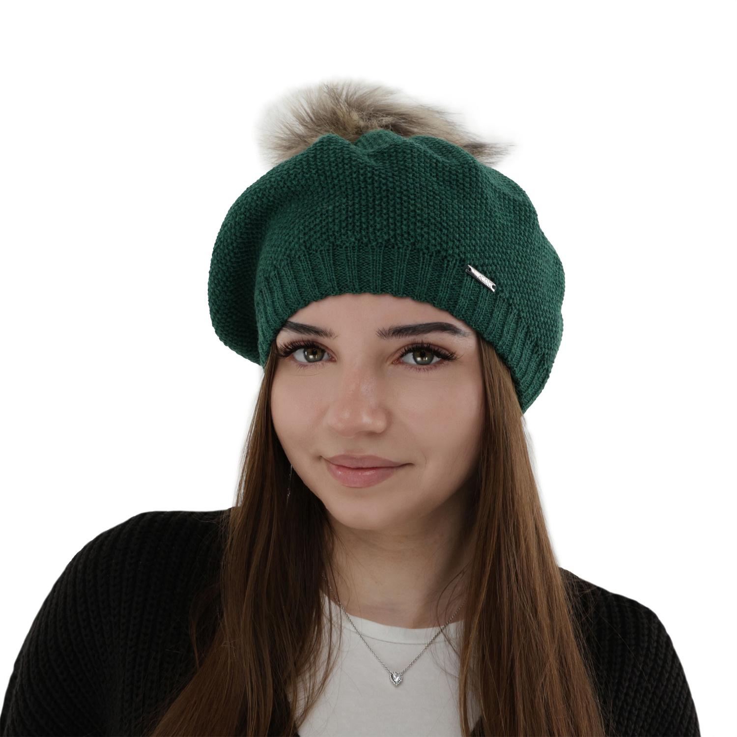 Beret damski zimowy, zielony, z wełną merino Bonnie