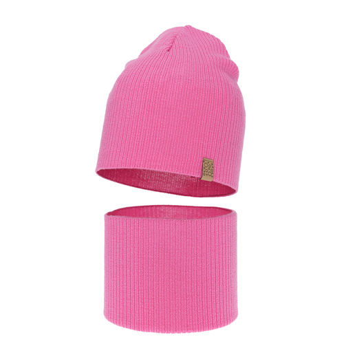 Czapka i komin dla dziewczynki jesienny, wiosenny komplet, różowy, 100% wełniany merino Ricona