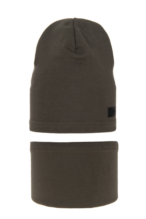 Czapka i komin dla chłopca jesienny, wiosenny komplet, khaki, bawełniany Frizi