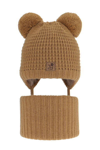 Czapka i komin dla chłopca zimowy komplet, camel, z dwoma pomponami, wiązany Krispi