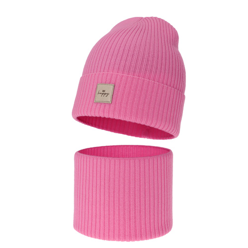 Czapka i komin dla dziewczynki, jesienny, wiosenny komplet, różowy, 100% wełniany merino, Vanita