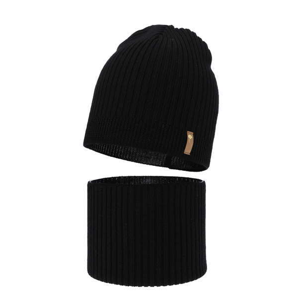 Czapka i komin dla dziewczynki jesienny, wiosenny komplet, czarny, 100% wełniana merino Chelsie