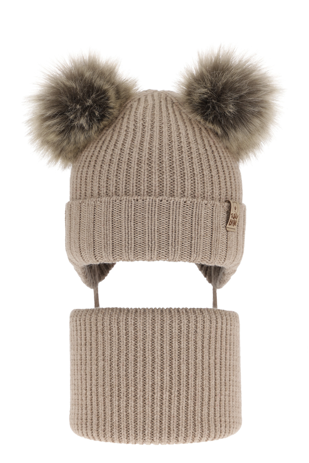 Czapka i komin dla chłopca zimowy komplet, beżowy, 100% wełniany merino, wiązany Konor