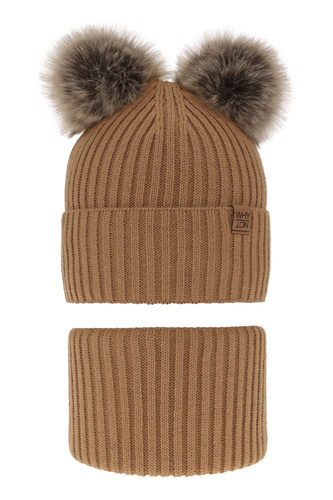 Czapka i komin dla chłopca zimowy komplet, camel, z dwoma pomponami Oxford