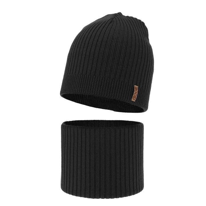 Czapka i komin dla chłopca jesienny, wiosenny komplet, czarny, 100% wełniany merino Chester