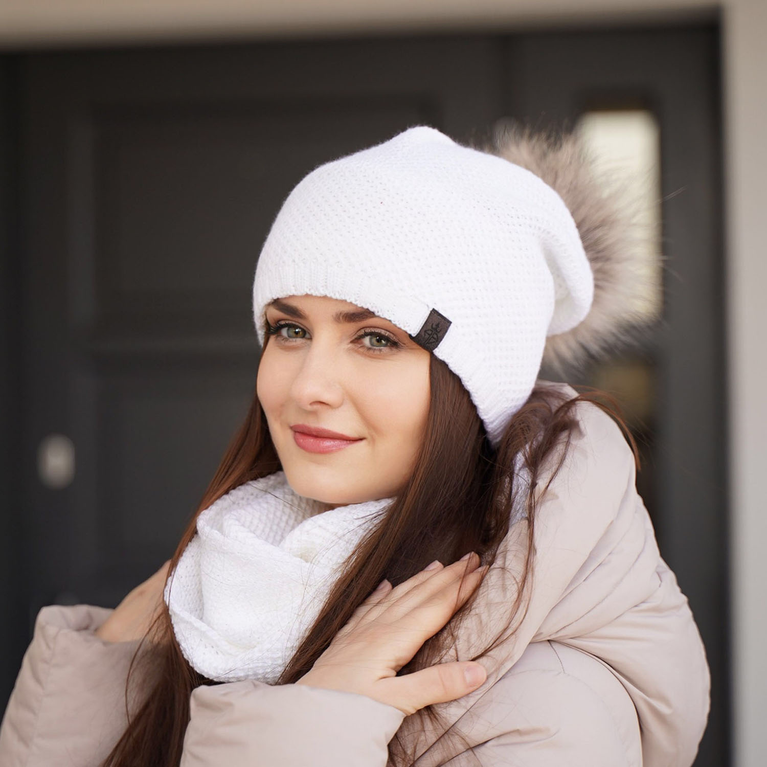 Czapka i komin damski, zimowy komplet, kremowy Kaliana