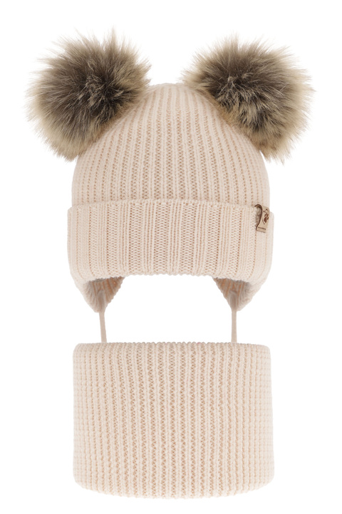 Czapka i komin dla dziewczynki zimowy komplet, beżowy, wiązany, 100% wełniany merino, z dwoma pomponami Silvia